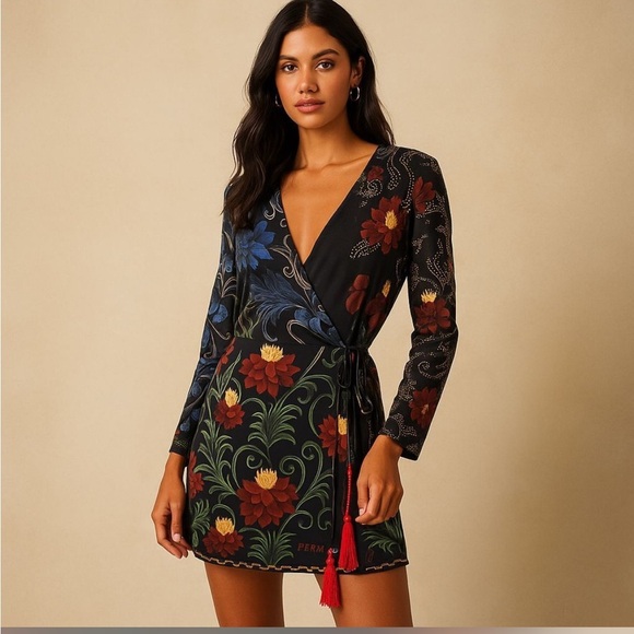 FARM Rio Black Floral Wrap Mini Dress Long Sleeve Size XS - Picture 1 of 12